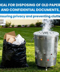 Outdoor 20 Gallon Burn Barrel For Backyard Burning Trash Leaves And Paper Galvanized Steel Metal Burn Can Cage Bin With Lid And Vent Holes next to garbage bag.