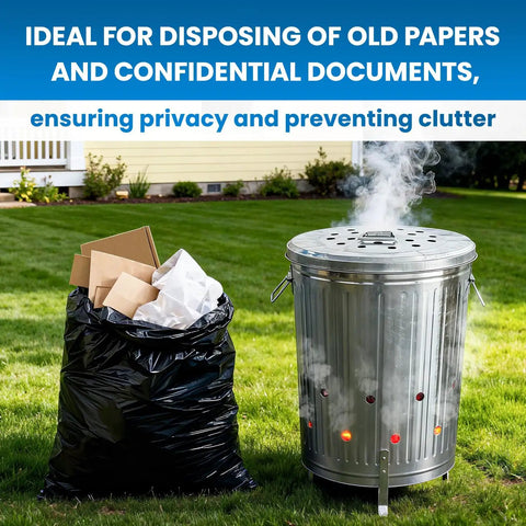 Outdoor 20 Gallon Burn Barrel For Backyard Burning Trash Leaves And Paper Galvanized Steel Metal Burn Can Cage Bin With Lid And Vent Holes next to garbage bag.