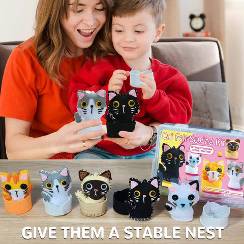 Mother and child enjoying Cat Sewing Kit For Kids Beginners Starter Kit With Pre-Punched Felt Learn To Sew For Ages 6 To 12 Includes Five Kitten Projects Colorful Threads Safe Felt Pieces Totally DIY Gift For Girls And Boys, showing completed kitten crafts.