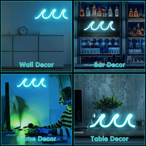 Ice Blue Neon Wave Sign For Bedroom Decor USB Powered With Dimmer And Switch Lit Wall Art For Living Room Bar Dorm And Birthday Or Wedding Gift Perfect Night Light For Dorm Rooms And Party Venues showing wall, bar, game, and table decor