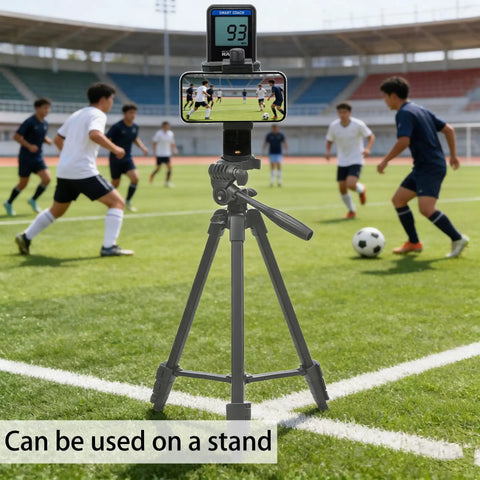 4-In-1 Universal Fence Mount Kit With Tripod Adapter For Recording On The Go Compatible With Pocket Radar GoPro iPhone Mevo Start Insta360 And More On Baseball Softball Tennis Football Chain Link Fence installed on tripod capturing soccer game
