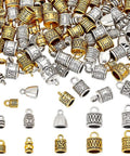 Check Out These 125 Pcs Tibetan Alloy Cord End Caps In 10 Cool Styles With Antique Silver And Golden Tones Perfect For Your Next DIY Jewelry Kit To Fix Necklace Bracelet Tips. assorted 0.4 inch Tibetan alloy cord end caps in antique silver and gold