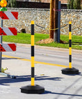 Six Pack Traffic Delineator Posts With Fillable Bases And Expandable Safety Barrier Chain For Parking Lots Durable Black And Yellow Cones