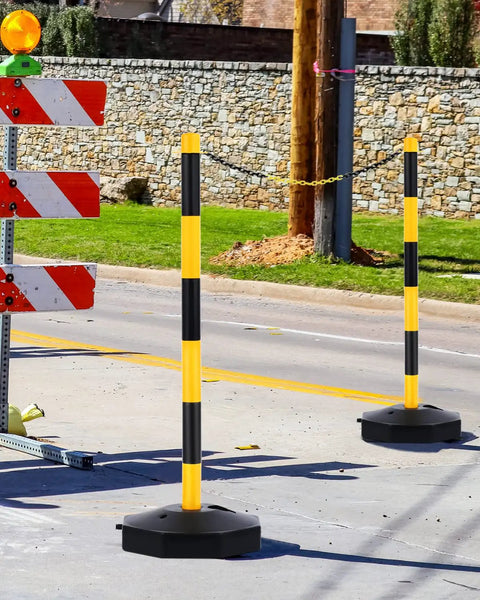 Six Pack Traffic Delineator Posts With Fillable Bases And Expandable Safety Barrier Chain For Parking Lots Durable Black And Yellow Cones