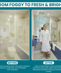 Side-by-side comparison of a foggy bathroom before and after using the Ultra Quiet 70 CFM Bathroom Exhaust Fan With 2 Sone Noise.
