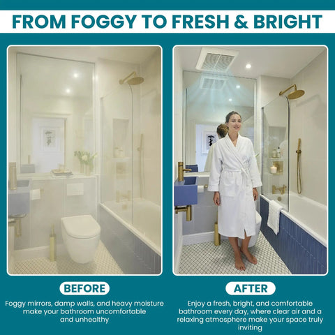 Side-by-side comparison of a foggy bathroom before and after using the Ultra Quiet 70 CFM Bathroom Exhaust Fan With 2 Sone Noise.