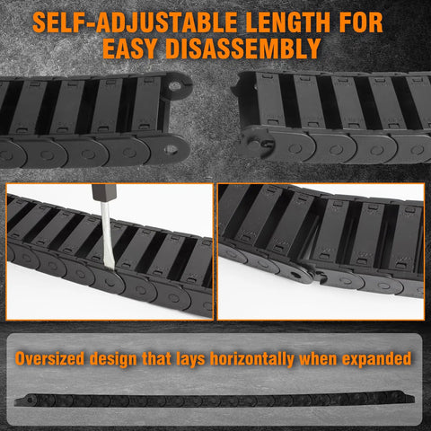 Close-up of self-adjustable black drag chain for wire protection, showing easy disassembly with tool insertion.