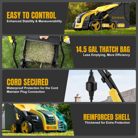 Electric Lawn Dethatcher And Scarifier 16 Inch Wide, 15 Amp Corded Power Rake; features include reinforced shell and 14.5-gallon bag.