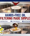 Heavy Duty Fryer Oil Filter Bags Keep Kitchen Gunk Out And Stretch Your Fry Oil Supply With Smooth Pulling Micro Mesh Strainers For Regular Deep Frying Tasks in a pot, demonstrating hands-free oil filtering.