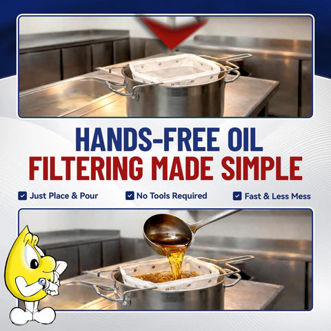 Heavy Duty Fryer Oil Filter Bags Keep Kitchen Gunk Out And Stretch Your Fry Oil Supply With Smooth Pulling Micro Mesh Strainers For Regular Deep Frying Tasks in a pot, demonstrating hands-free oil filtering.