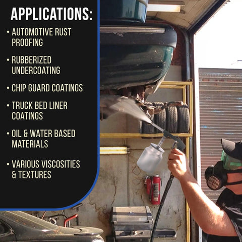 Shop Grade Pneumatic Undercoating Spray Gun With Dead On Air Regulator And Bulk 25 Oz Suction Cup in use for automotive rust proofing.