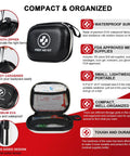 Front view of a compact black hard-case first aid kit with a white cross logo; opened interior shows mesh pockets.