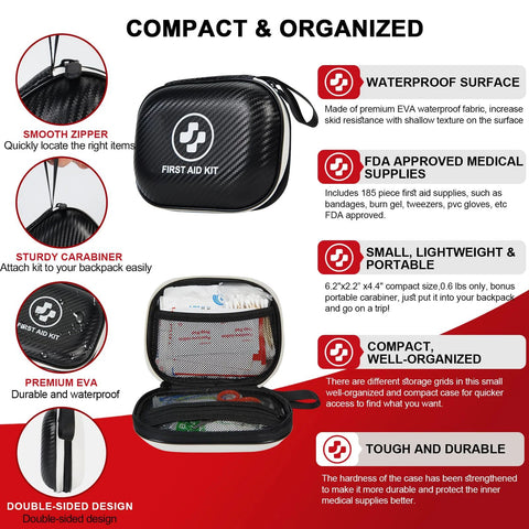 Front view of a compact black hard-case first aid kit with a white cross logo; opened interior shows mesh pockets.