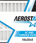 Pleated MERV 11 HVAC Air Filter 16x25x5 2 Pack For Furnace And AC, Dust Busting Filter in box packaging with brand logo.