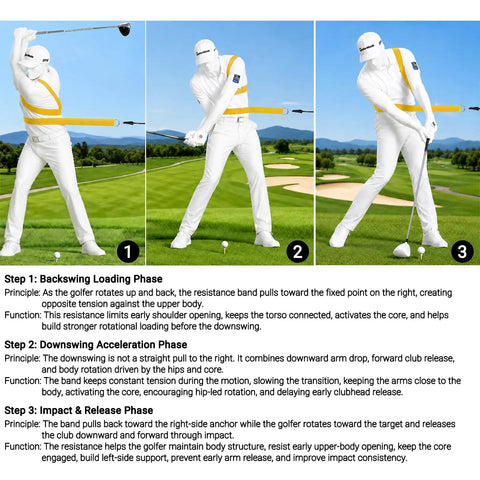 Tutorial on using Golf Swing Twist Training Belt for correct posture and smooth rotation with visual steps for beginners and pros.