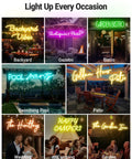Custom Outdoor Neon Sign Waterproof LED Light Up Sign For Backyard Patio Pool Garden Wedding And Party Use Personalize Your Text With IP67 Power Supply For Rain Or Shine showcasing various settings like garden bistro and pool party.