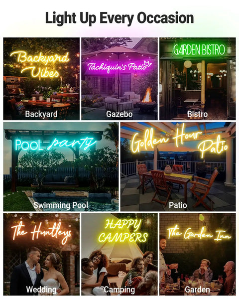 Custom Outdoor Neon Sign Waterproof LED Light Up Sign For Backyard Patio Pool Garden Wedding And Party Use Personalize Your Text With IP67 Power Supply For Rain Or Shine showcasing various settings like garden bistro and pool party.