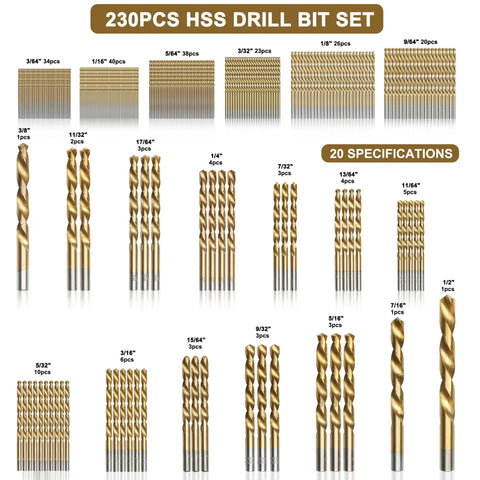 Top Notch 230 Piece Hss Titanium Twist Drill Bit Kit For Pro DIY Pros Drilling Wood Metal Iron Brass Copper Plastic Jobs With Heavy Duty Storage Case And Size Index Scales, 230pc HSS drill bit set