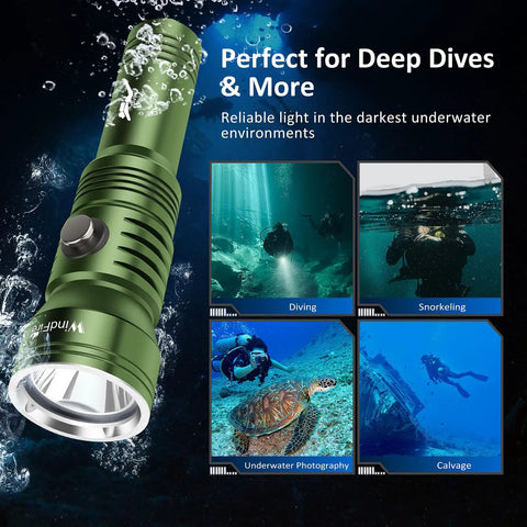 Olive green Beefy Underwater Dive Light For Scuba Gear IPX8 Waterproof 210 Feet Deep Sea Flashlight with diving images.