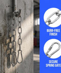 Chain Link Gate Latch with Double Carabiner Ends Stainless Steel attached to a wall, featuring a burr-free finish and secure spring gate.