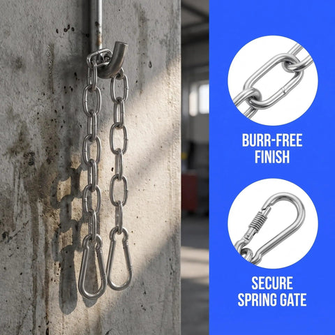 Chain Link Gate Latch with Double Carabiner Ends Stainless Steel attached to a wall, featuring a burr-free finish and secure spring gate.