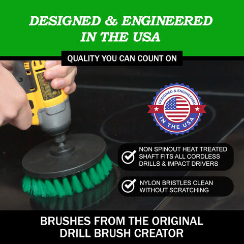 Hand holding cordless drill with brush attachment cleaning stovetop surface; Drill Powered Kitchen Cleaning Kit With Heavy Duty Drill Brush Set For Stainless And Copper Sinks Stovetops Ovens Pots Pans Cabinets And Air Fryer Surfaces Grime Busting Scrubber.
