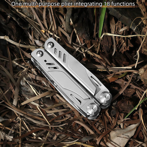 Everyday Carry Ready Eighteen In One Stainless Steel Multitool Pliers with 2CR13 Steel, folded on natural background