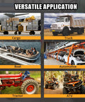 Image showing diverse applications: cargo plane, dump truck, pleasure boat, automotive assembly line, tractor, and ATVs.