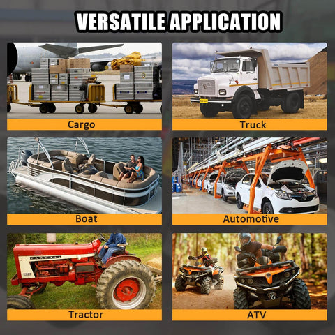Image showing diverse applications: cargo plane, dump truck, pleasure boat, automotive assembly line, tractor, and ATVs.