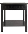 Front view of Round Beechwood End Table In Black Finish With Storage Drawer And Open Shelf, Rustic Modern Accent Piece