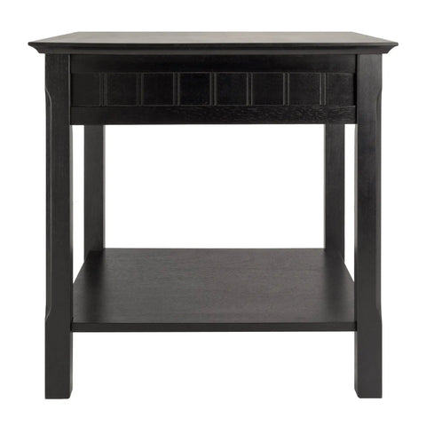 Front view of Round Beechwood End Table In Black Finish With Storage Drawer And Open Shelf, Rustic Modern Accent Piece