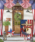 Patriotic Stars And Stripes Eagle Wreath Garden Flag 12x18 Inch Double Sided Outdoor Flag on front porch with decor and bunting.