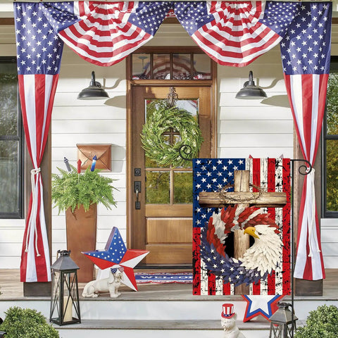 Patriotic Stars And Stripes Eagle Wreath Garden Flag 12x18 Inch Double Sided Outdoor Flag on front porch with decor and bunting.