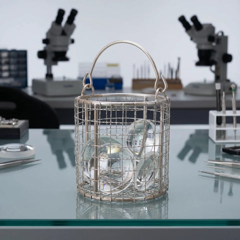 Slick Heavy Duty Stainless Steel Ultrasonic Cleaner Basket With Fine Mesh And Swinging Handle For Jewelry Lab Equipment And Precision Washing Rack holding glass items