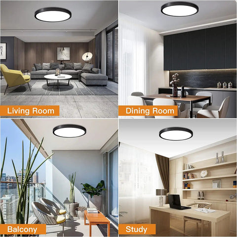 Slim 12 Inch 24W Flush Mount Round LED Ceiling Light Fixture Low Profile Daylight White Black in living, dining, balcony, study