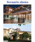 JUDYSSY Solar Street Lights Outdoor illuminate a modern patio and a residential garden, showcasing outdoor lighting solutions.