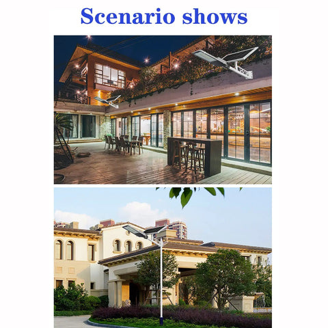 JUDYSSY Solar Street Lights Outdoor illuminate a modern patio and a residential garden, showcasing outdoor lighting solutions.