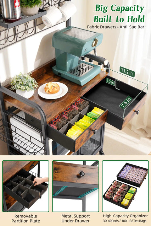 Rolling Coffee Bar Cart On Wheels For Small Spaces With 5-Tier Storage, Syrup Rack And Tea Pod Drawer, showcasing a coffee machine