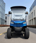 Heavy Duty Electric Golf Cart With Four Kilowatt Motor And Easy Directional Controls front view in urban setting with large tires.