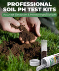 Hands testing soil with Soil PH Test Kit With Upgraded 125 Strips And Measuring Cylinders For Accurate DIY Friendly Garden Lawn Grass Flower Or Vegetable PH Testing Across Compost And Dirt visible in front.