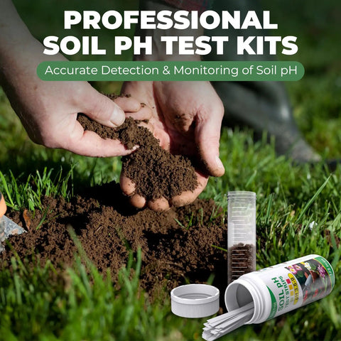 Hands testing soil with Soil PH Test Kit With Upgraded 125 Strips And Measuring Cylinders For Accurate DIY Friendly Garden Lawn Grass Flower Or Vegetable PH Testing Across Compost And Dirt visible in front.