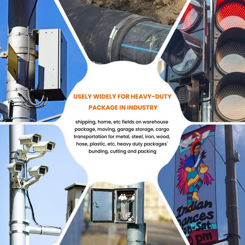 Workhorse Steel Banding Tool And Strapping Sealer Built For Fast Five Eighth Inch Metal Strap Crimping And No Fuss High Tensile Package Sealing With Non Slip Rubber Grip And Smooth Leverage with traffic signal and security cameras in industrial setting.