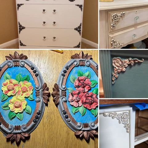 Hella Classy Five Piece Carved Wood Floral Appliques For Furniture Makeover, rubber wood floral pieces on furniture.