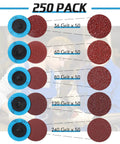 250 Piece Assorted 2 Inch Sanding Discs Set For Die Grinder With 36 60 80 120 240 Grits, Aluminum Oxide Surface Conditioning