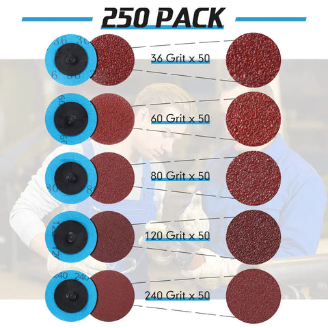 250 Piece Assorted 2 Inch Sanding Discs Set For Die Grinder With 36 60 80 120 240 Grits, Aluminum Oxide Surface Conditioning