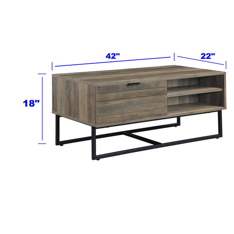 Heavy Duty Farmhouse Coffee Table With Storage Door And Two Open Shelves Industrial Rustic Cocktail Center Table For Living Room, dimensions 42x22x18 inches, MDF and metal construction.