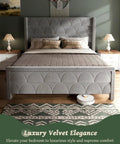 Top Shelf King Size Platform Bed Frame With 56 Inch Velvet Wingback Headboard In Deep Gray Rock Solid Steel Base Holds 1000 Lbs view from side with pillows and rugs
