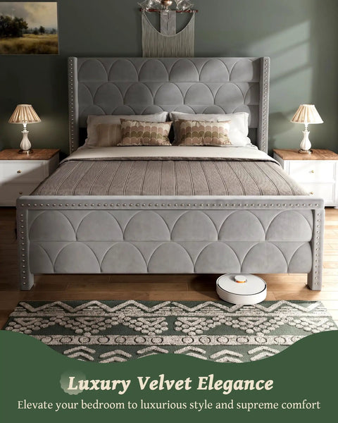 Top Shelf King Size Platform Bed Frame With 56 Inch Velvet Wingback Headboard In Deep Gray Rock Solid Steel Base Holds 1000 Lbs view from side with pillows and rugs