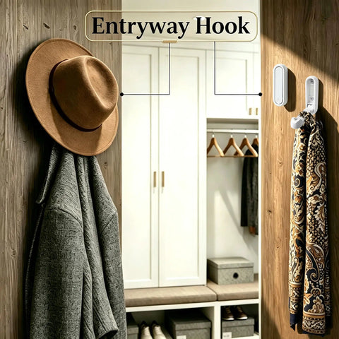 Tough As Nails Zinc Alloy Folding Wall Hooks Space Saver Flip Down Design For Coats Bags Hats And Keys Zero Clutter Vibe Six Pack in use holding hat and coat.