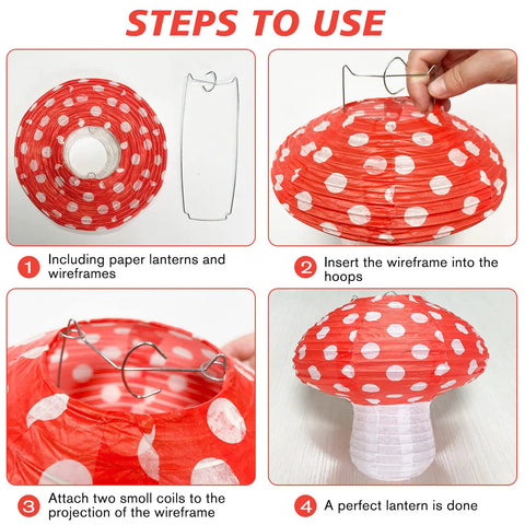 Steps to assemble Forest Theme Mushroom Shaped Paper Lanterns Set, 6 Pack Hanging Lanterns with 3 Large 12 Inch and 3 Small 8 Inch.